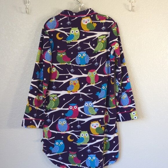 Nick & Nora Size S Sleepshirt Flannel Purple Owls Cotton Pajamas Pockets - Picture 2 of 4